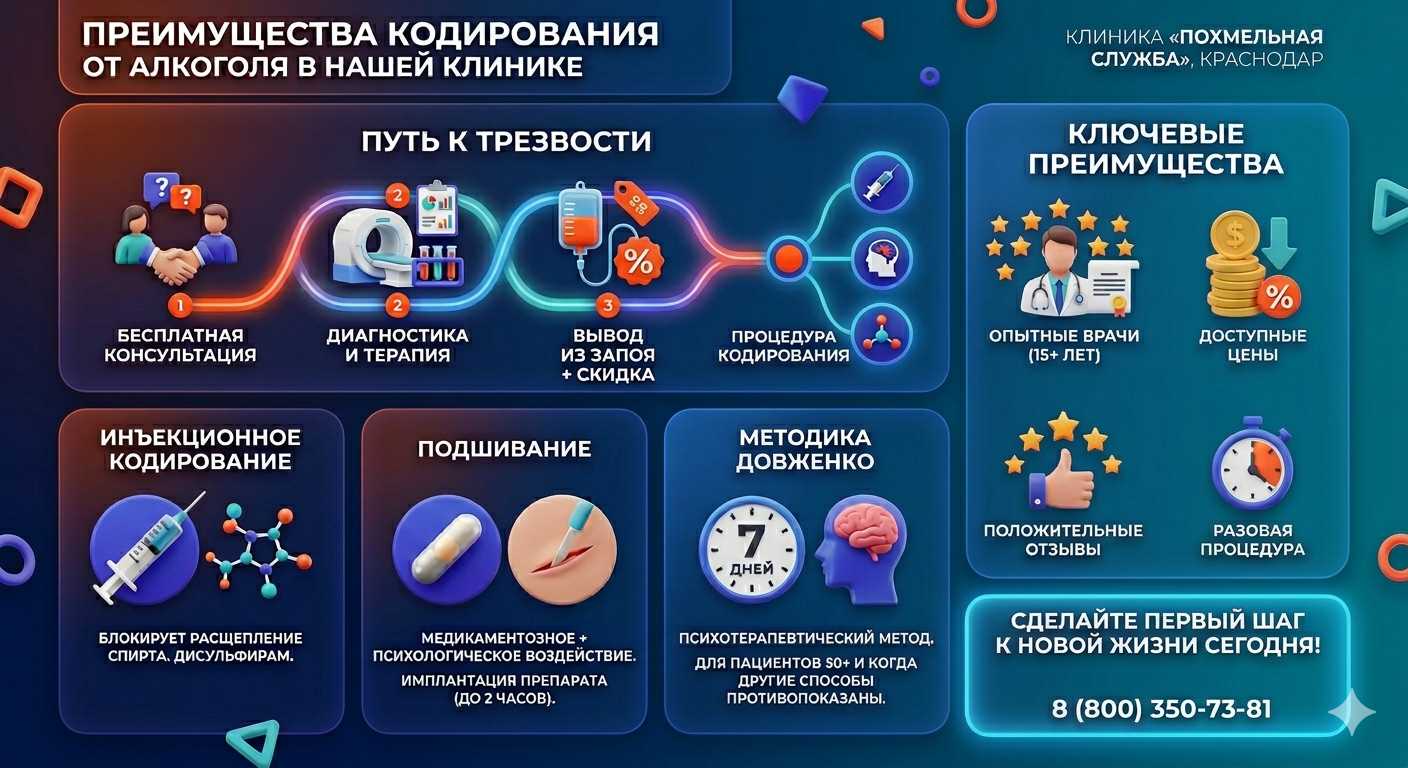 Инфографика о методах кодирования от алкоголя в Москве: инъекции, подшивание, метод Довженко. Преимущества клиники и этапы лечения.
